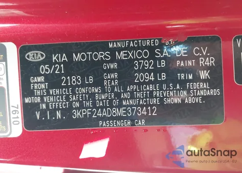 2021 Kia Forte Lxs z USA, uszkodzony, nr VIN 3KPF24AD8ME373412